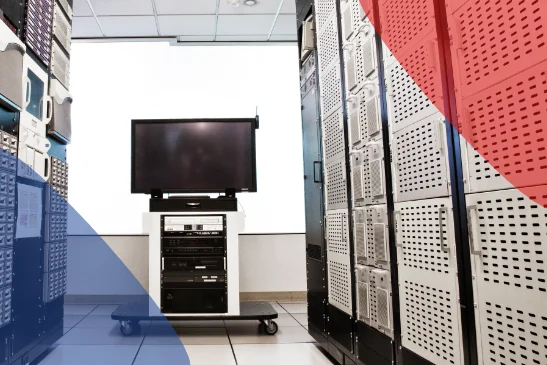 Storage racks aligned in a computer server room